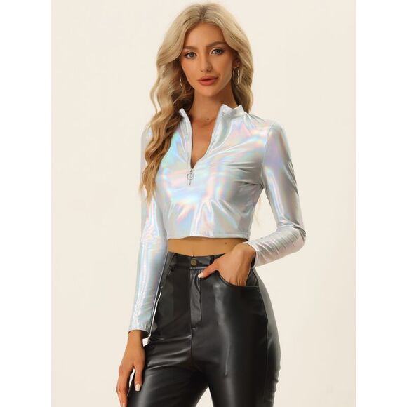 Metallic Crop Top Mock Neck Long Sleeve Zip Up Party Shiny Tops Silver - Picture 4 of 5